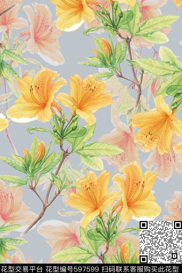 中国风手绘植物艳丽花卉数码印花华亿平台下载（图片编号: 597599） - 瓦栏（Walan）