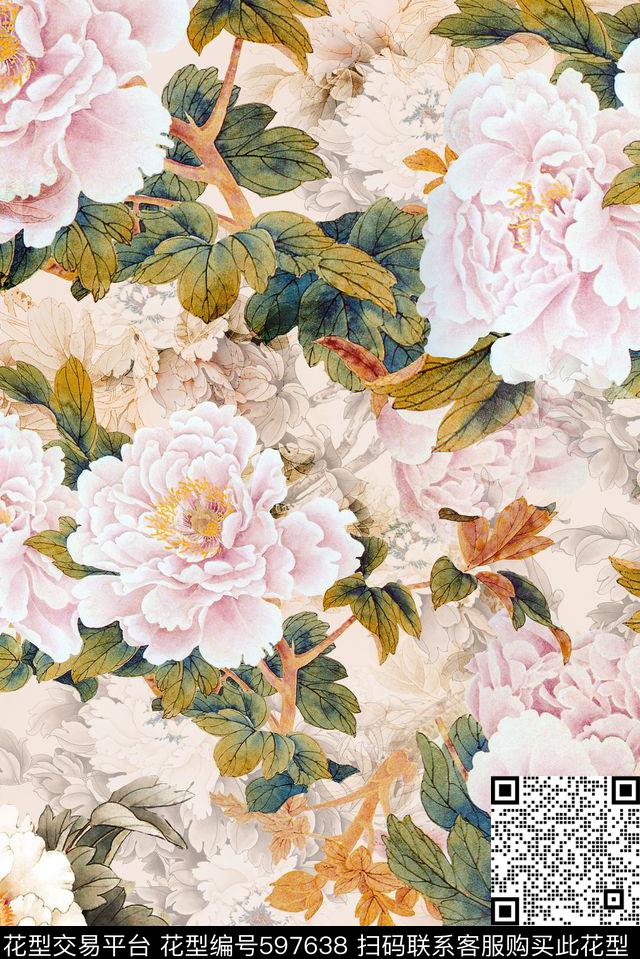 牡丹花卉时尚数码印花华亿平台下载（图片编号: 597638） - 瓦栏（Walan）