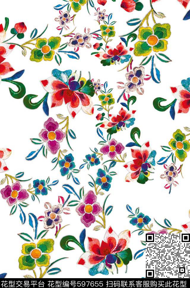 风格化花卉缤纷色彩民族风图案数码印花华亿平台下载（图片编号: 597655） - 瓦栏（Walan）