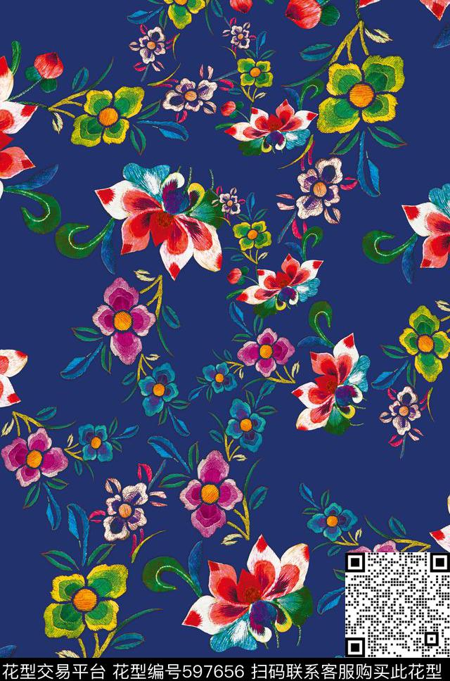风格化花卉缤纷色彩民族风图案数码印花华亿平台下载（图片编号: 597656） - 瓦栏（Walan）