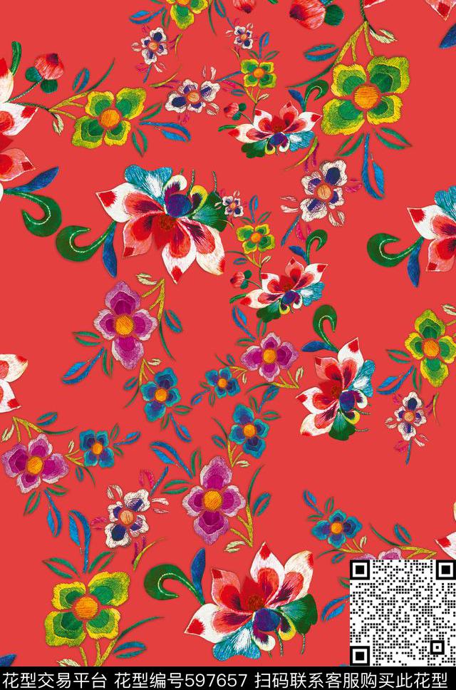 风格化花卉缤纷色彩民族风图案数码印花华亿平台下载（图片编号: 597657） - 瓦栏（Walan）