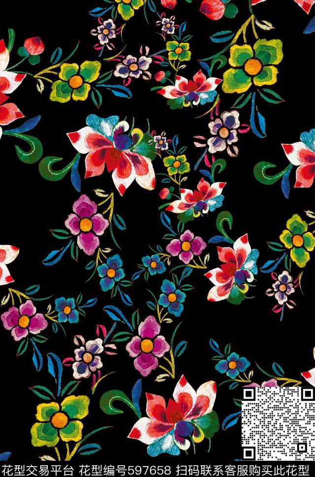 风格化花卉缤纷色彩民族风图案数码印花华亿平台下载（图片编号: 597658） - 瓦栏（Walan）