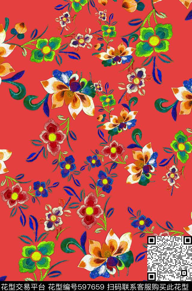 风格化花卉缤纷色彩民族风图案数码印花华亿平台下载（图片编号: 597659） - 瓦栏（Walan）