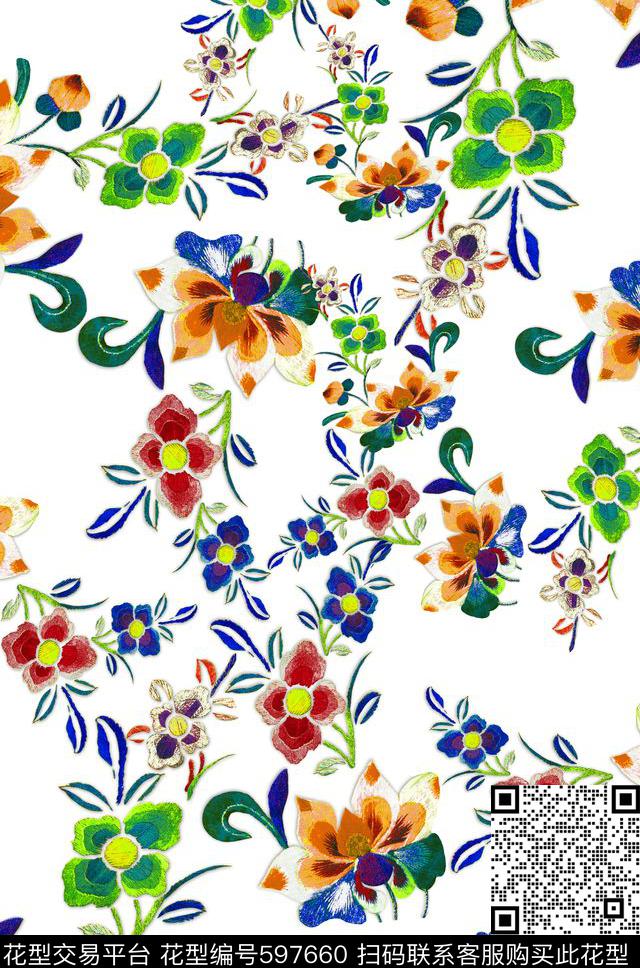 风格化花卉缤纷色彩民族风图案数码印花华亿平台下载（图片编号: 597660） - 瓦栏（Walan）