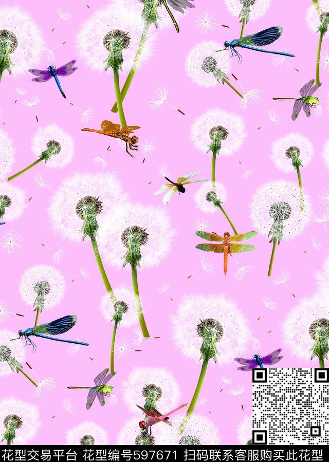 花鸟蒲公英蜻蜓数码印花华亿平台下载（图片编号: 597671） - 瓦栏（Walan）