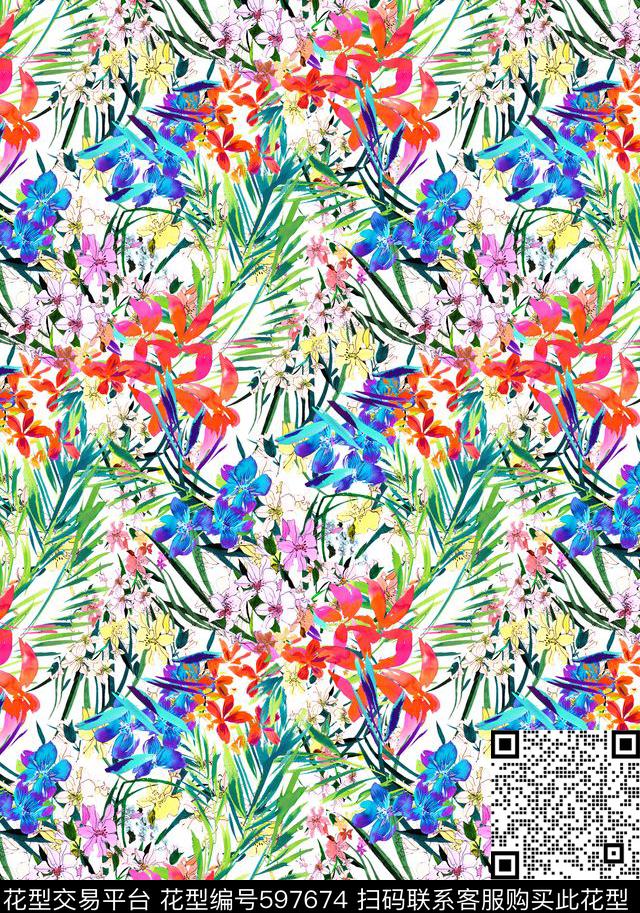 小碎花百合清新手绘花卉数码印花华亿平台下载（图片编号: 597674） - 瓦栏（Walan）