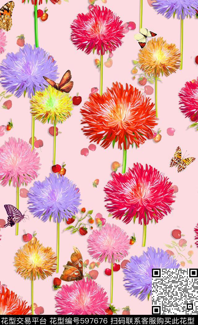 花朵花卉菊花蝴蝶数码印花华亿平台下载（图片编号: 597676） - 瓦栏（Walan）