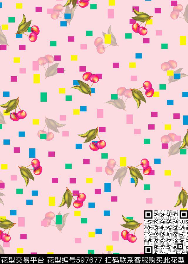 方格几何手绘水彩樱桃传统印花华亿平台下载（图片编号: 597677） - 瓦栏（Walan）
