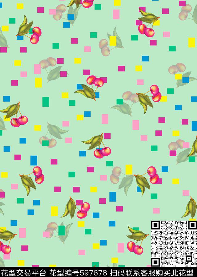方格几何手绘水彩樱桃传统印花华亿平台下载（图片编号: 597678） - 瓦栏（Walan）