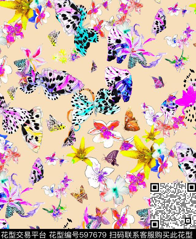 花鸟手绘水彩花卉蝴蝶百合花数码印花华亿平台下载（图片编号: 597679） - 瓦栏（Walan）