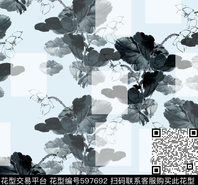 荷花莲花水墨画数码印花华亿平台下载（图片编号: 597692） - 瓦栏（Walan）