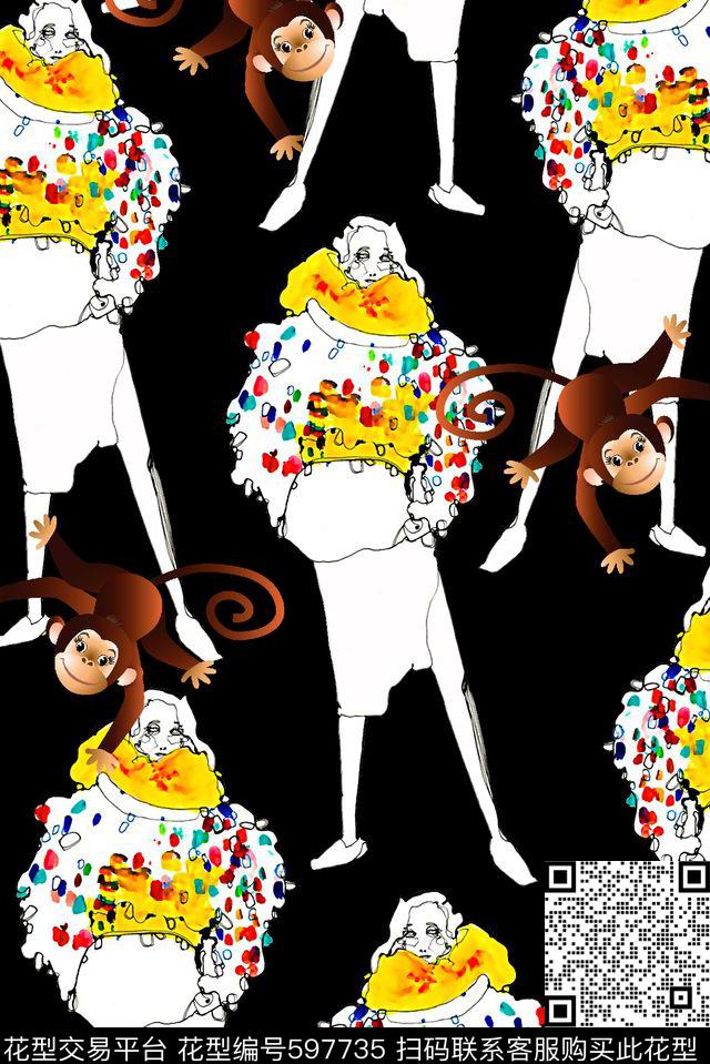 抽象几何清爽梦幻艺术平底立体手绘满版最新高清数码蕾丝民族中国风绣花珠宝肌理时尚潮

流大牌复古欧美风人物时装画猴子女装裙数码印花华亿平台下载（图片编号: 597735） - 瓦栏（Walan）