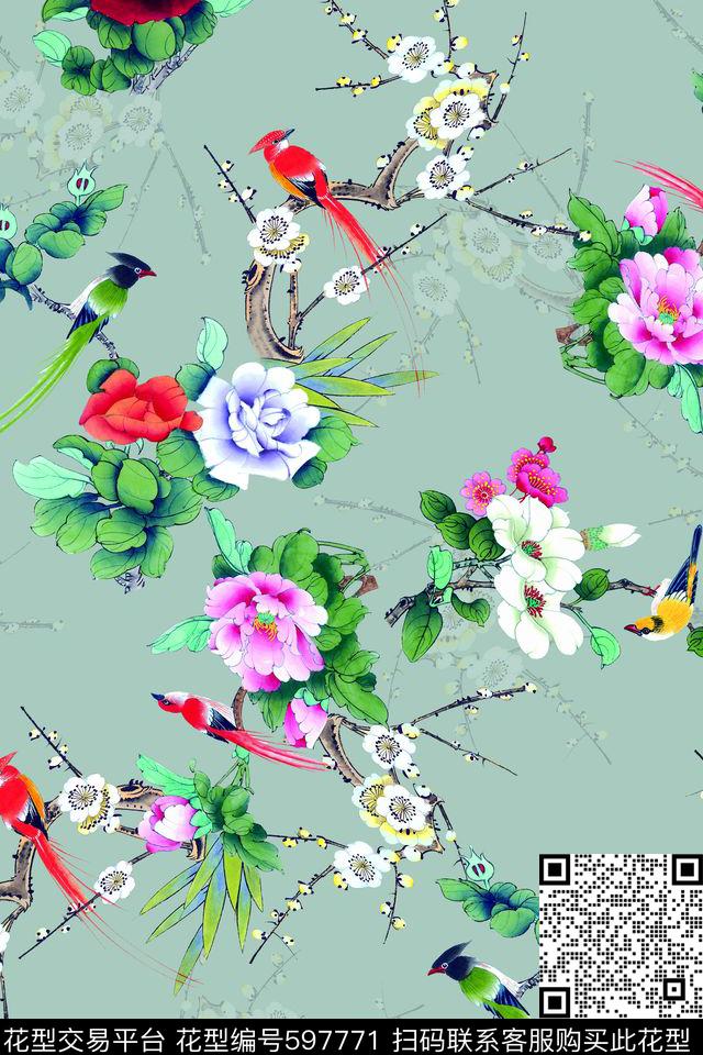 工笔画花卉鸟数码印花华亿平台下载（图片编号: 597771） - 瓦栏（Walan）