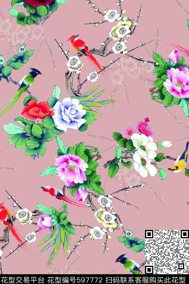 工笔画花卉鸟数码印花华亿平台下载（图片编号: 597772） - 瓦栏（Walan）