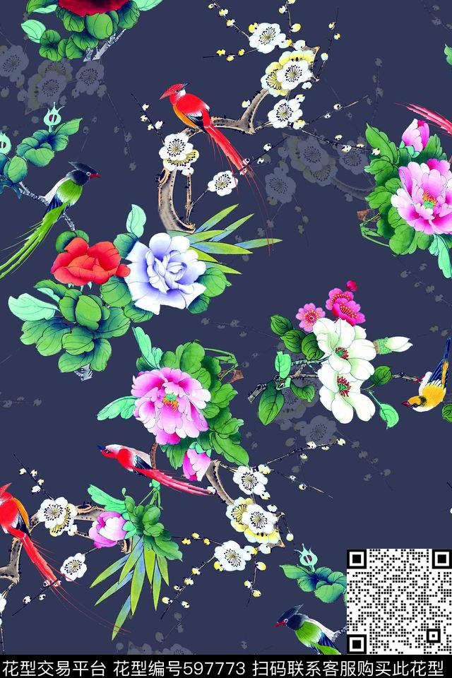 工笔画花卉鸟数码印花华亿平台下载（图片编号: 597773） - 瓦栏（Walan）
