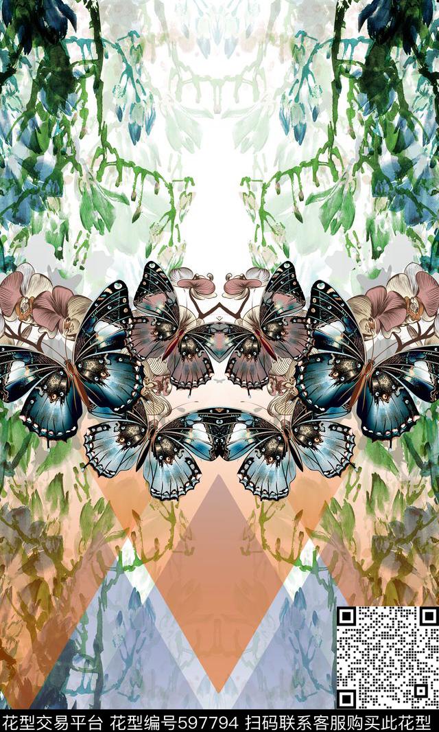 蝴蝶树藤渐变数码印花华亿平台下载（图片编号: 597794） - 瓦栏（Walan）