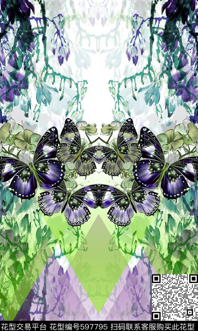 蝴蝶树藤渐变数码印花华亿平台下载（图片编号: 597795） - 瓦栏（Walan）