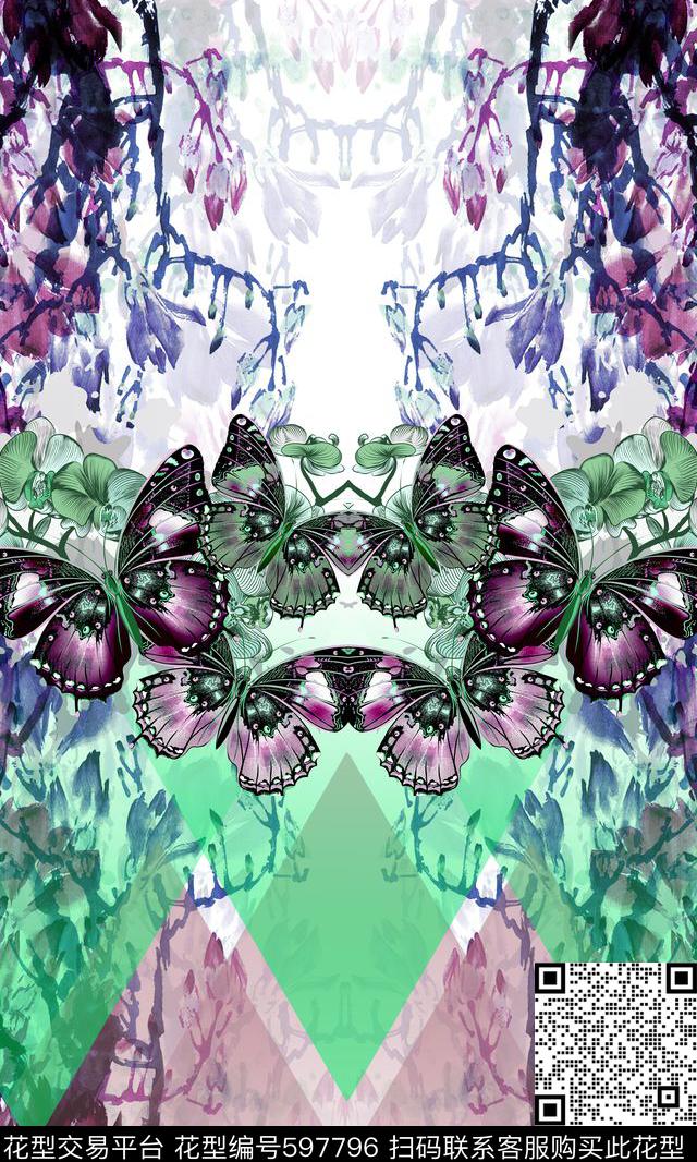 蝴蝶树藤渐变数码印花华亿平台下载（图片编号: 597796） - 瓦栏（Walan）