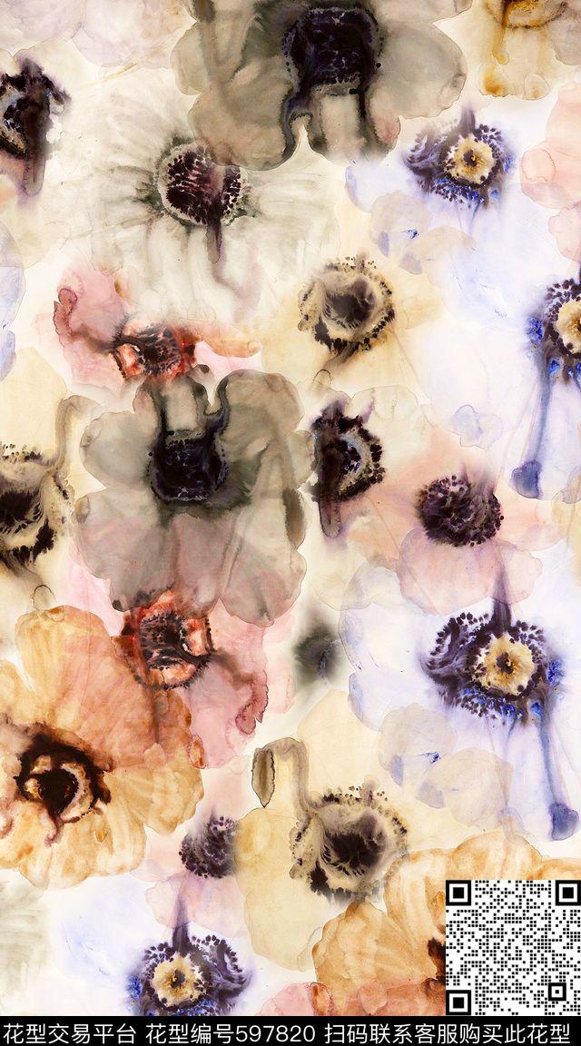 纹理笔触花卉数码印花华亿平台下载（图片编号: 597820） - 瓦栏（Walan）