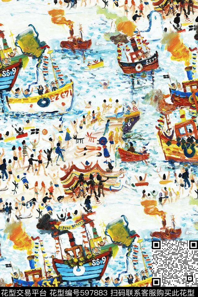 手绘小人沙滩船只趣味时尚数码印花华亿平台下载（图片编号: 597883） - 瓦栏（Walan）