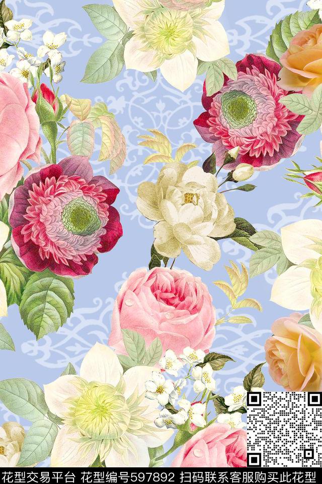 手绘花乱花沙发布（欧式纹理）数码印花华亿平台下载（图片编号: 597892） - 瓦栏（Walan）