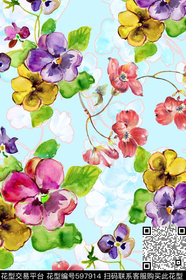花卉水彩女装数码印花华亿平台下载（图片编号: 597914） - 瓦栏（Walan）
