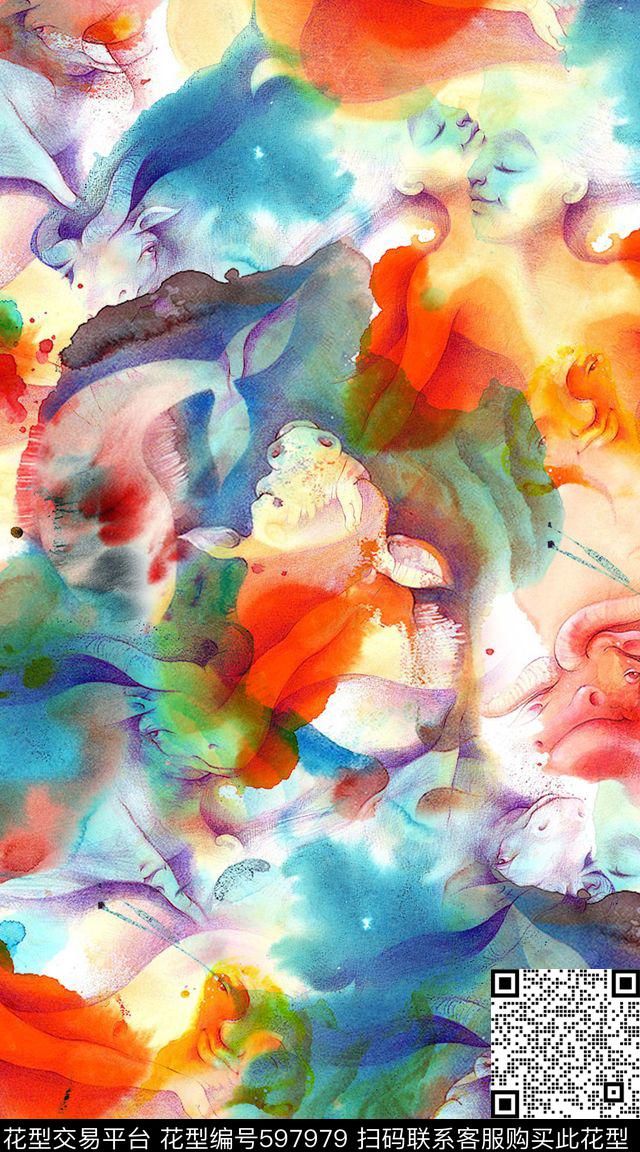 笔触纹理水彩数码印花华亿平台下载（图片编号: 597979） - 瓦栏（Walan）