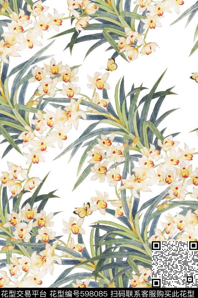 中国风花草兰花数码印花华亿平台下载（图片编号: 598085） - 瓦栏（Walan）