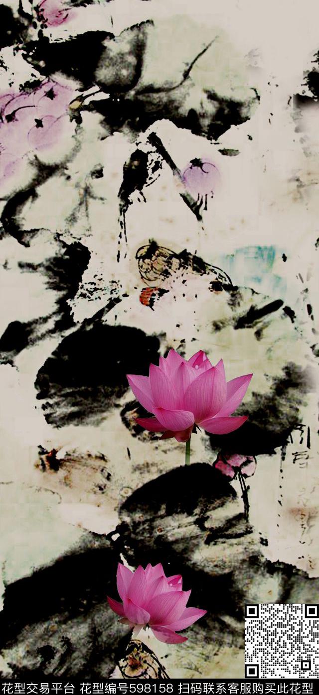 荷花水墨数码印花华亿平台下载（图片编号: 598158） - 瓦栏（Walan）
