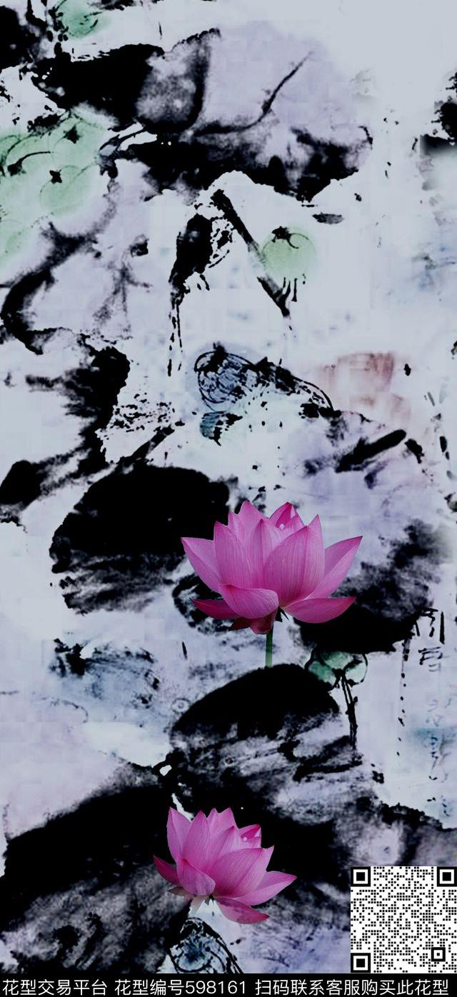 荷花水墨数码印花华亿平台下载（图片编号: 598161） - 瓦栏（Walan）
