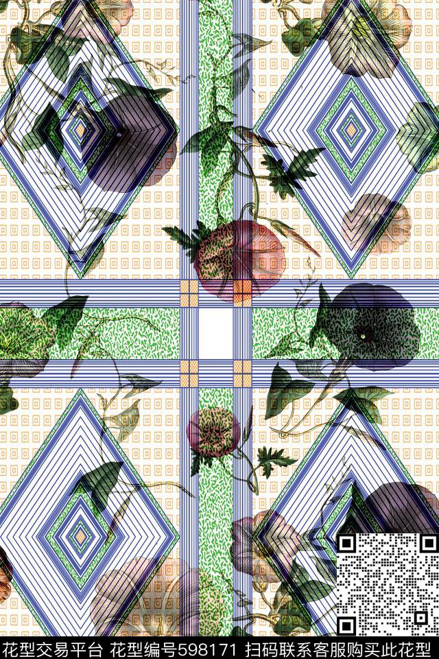 简洁大气方格花卉男装女装数码印花华亿平台下载（图片编号: 598171） - 瓦栏（Walan）