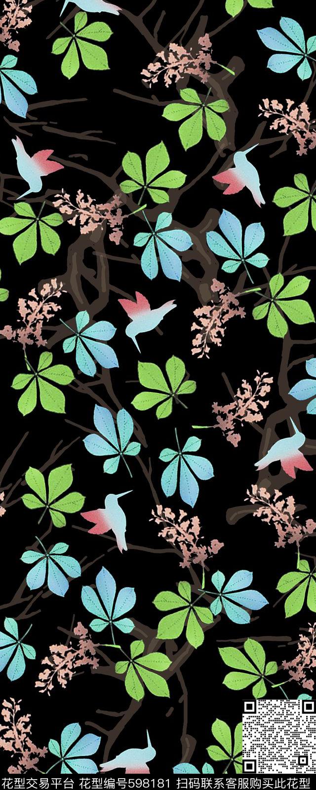 花卉叶子小鸟数码印花华亿平台下载（图片编号: 598181） - 瓦栏（Walan）