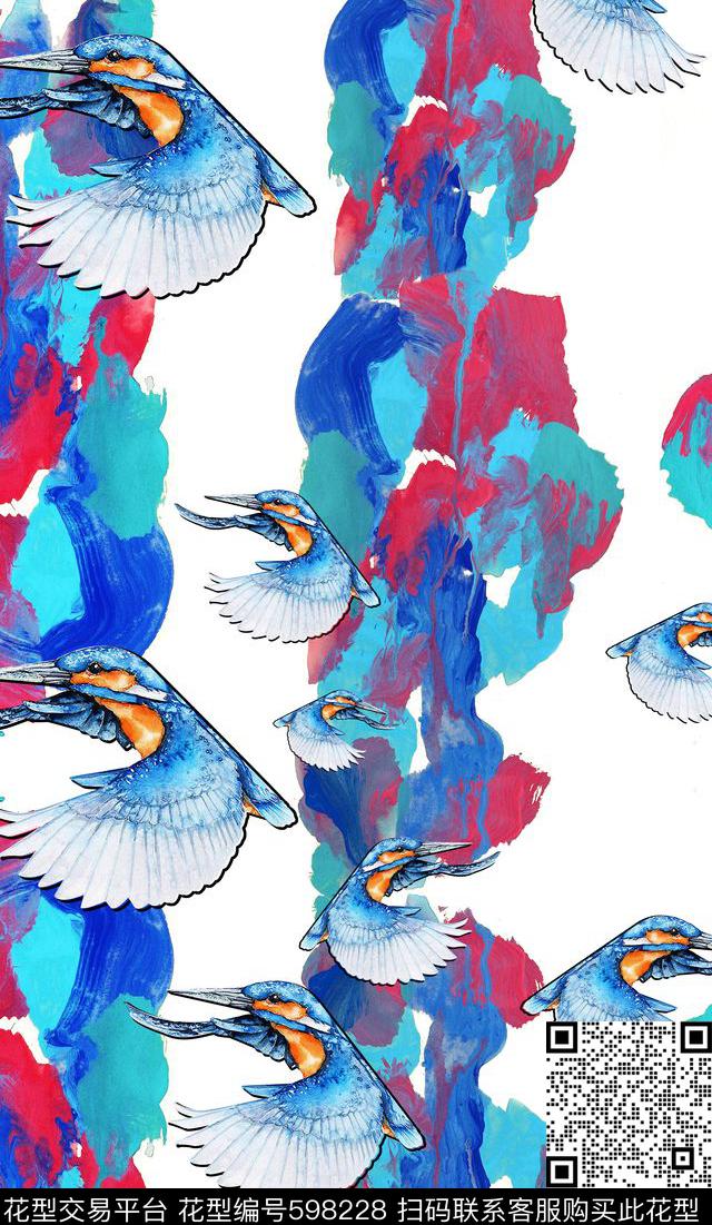 几何抽象鸟蓝橙数码印花华亿平台下载（图片编号: 598228） - 瓦栏（Walan）