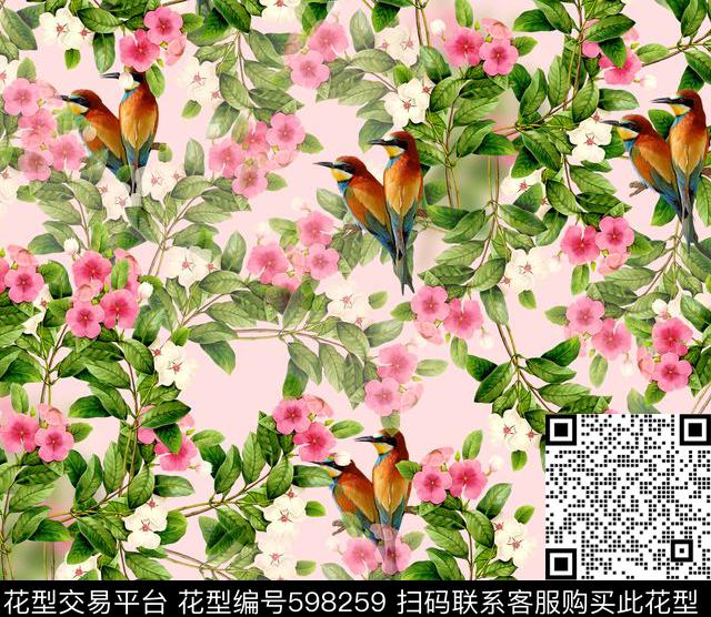 鹦鹉花卉中国风数码印花华亿平台下载（图片编号: 598259） - 瓦栏（Walan）