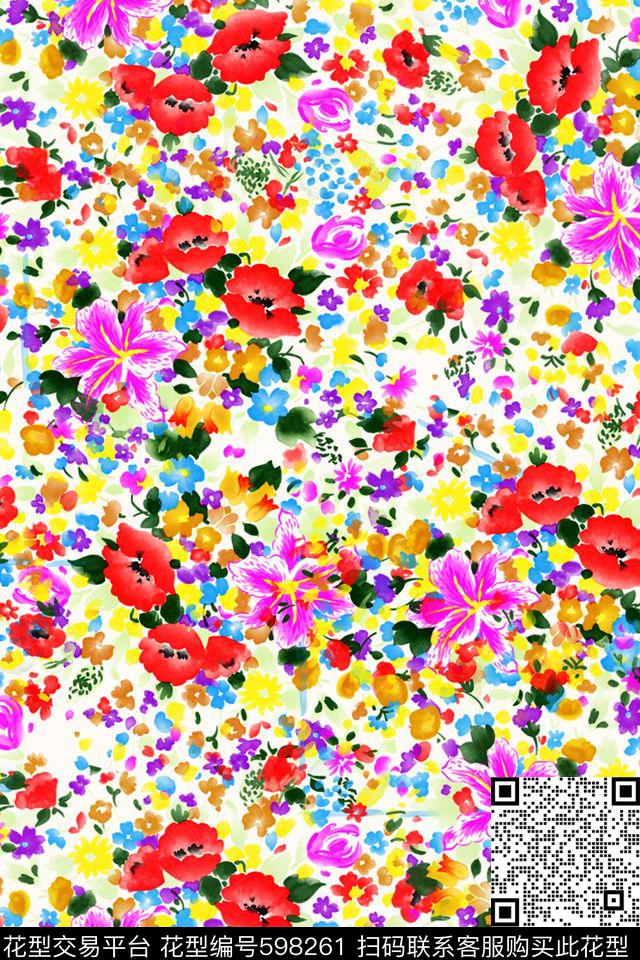 花朵花卉水彩花数码印花华亿平台下载（图片编号: 598261） - 瓦栏（Walan）