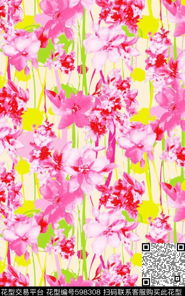 清新手绘花朵花卉水彩大花朵数码印花华亿平台下载（图片编号: 598308） - 瓦栏（Walan）