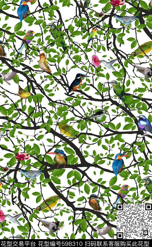 清新优雅印花树枝小鸟树叶枝头小鸟数码印花华亿平台下载（图片编号: 598310） - 瓦栏（Walan）