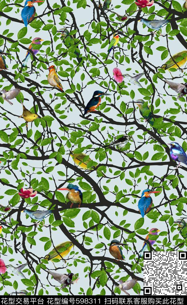 清新优雅印花树枝小鸟树叶枝头小鸟数码印花华亿平台下载（图片编号: 598311） - 瓦栏（Walan）