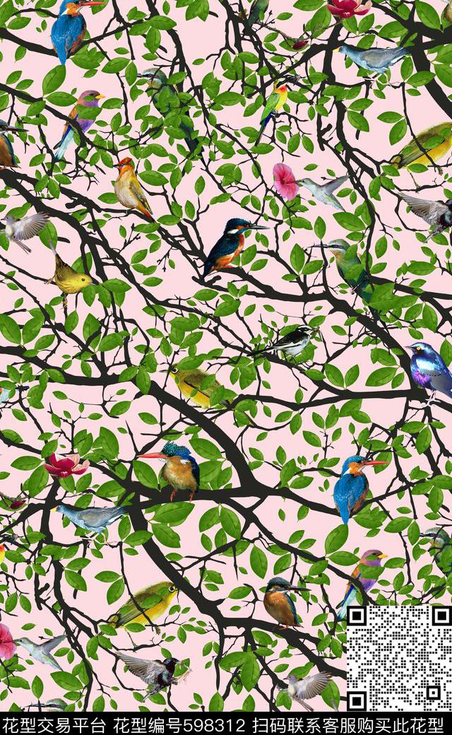 清新优雅印花树枝小鸟树叶枝头小鸟数码印花华亿平台下载（图片编号: 598312） - 瓦栏（Walan）