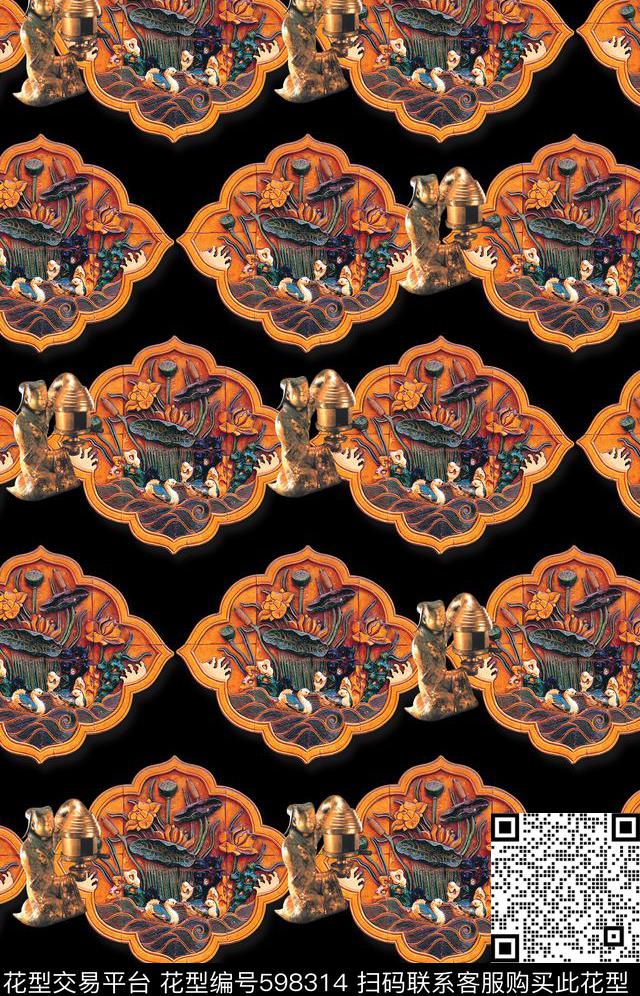 中国风浮雕荷花数码印花华亿平台下载（图片编号: 598314） - 瓦栏（Walan）