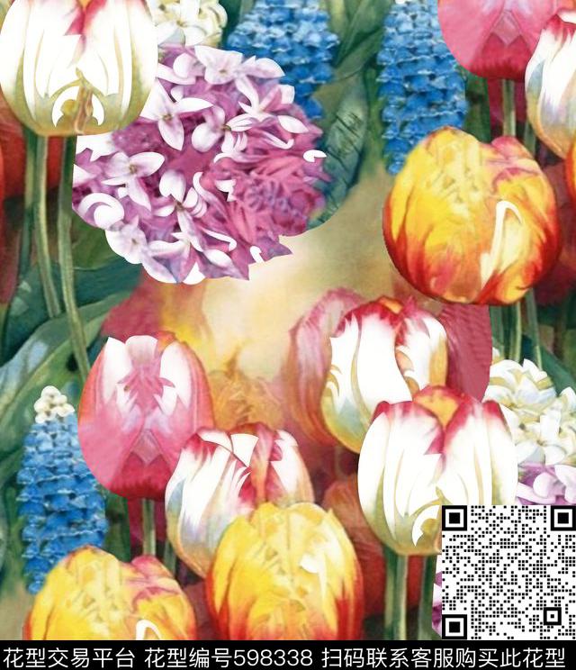 乱花玫瑰郁金香数码印花华亿平台下载（图片编号: 598338） - 瓦栏（Walan）
