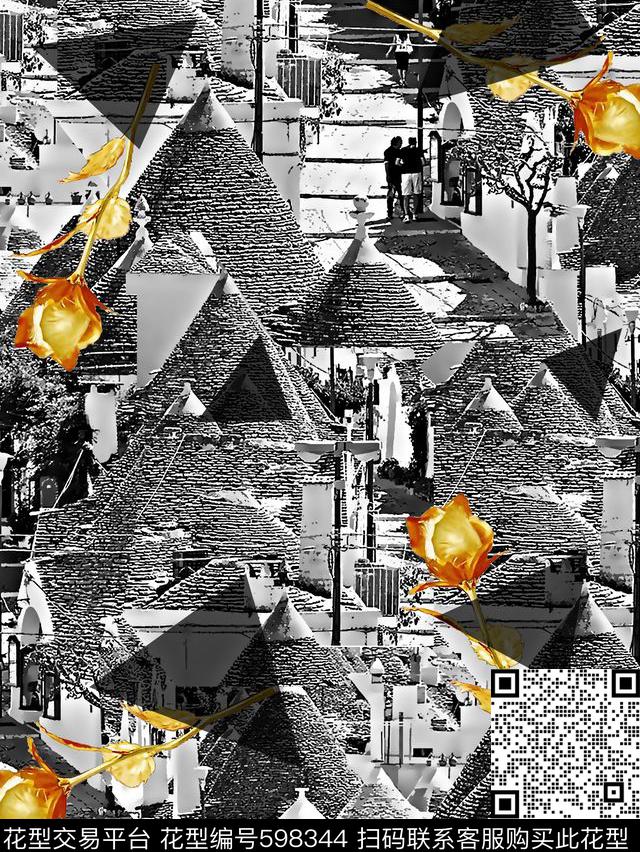 抽象房子纹理花卉男装羽绒服数码印花华亿平台下载（图片编号: 598344） - 瓦栏（Walan）