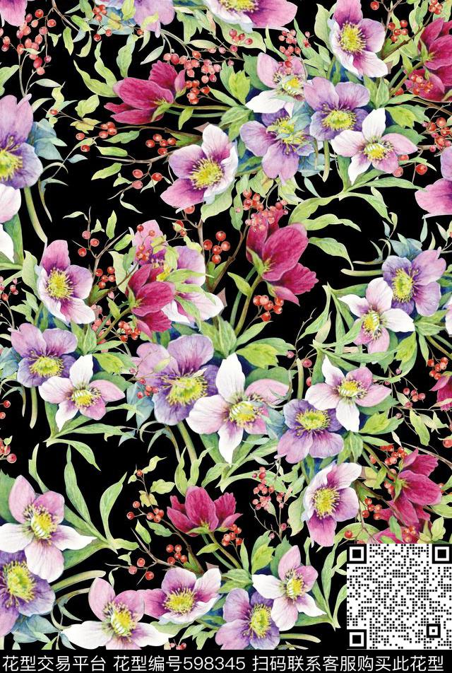 花卉黑底乱花数码印花华亿平台下载（图片编号: 598345） - 瓦栏（Walan）