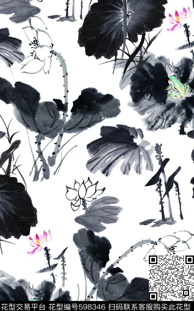 国画水墨青蛙数码印花华亿平台下载（图片编号: 598346） - 瓦栏（Walan）