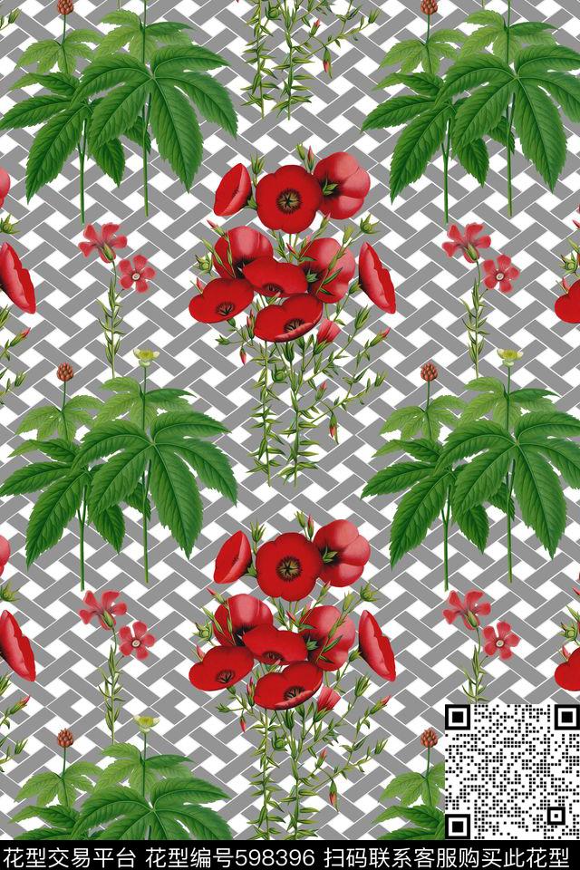 花卉植物田园风方格数码印花华亿平台下载（图片编号: 598396） - 瓦栏（Walan）