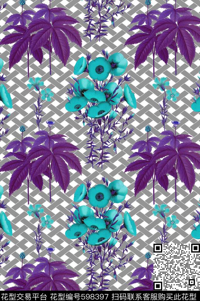 花卉植物田园风方格数码印花华亿平台下载（图片编号: 598397） - 瓦栏（Walan）