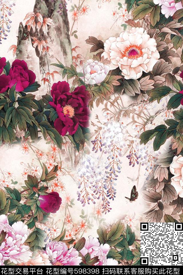 水墨牡丹时尚数码印花华亿平台下载（图片编号: 598398） - 瓦栏（Walan）