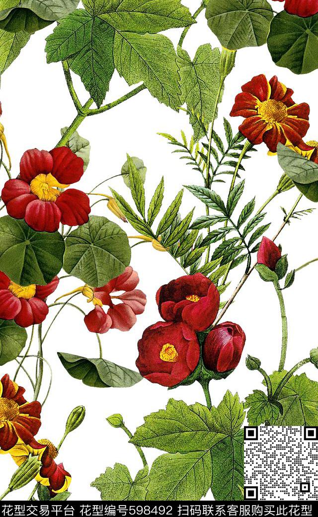 手绘花卉复古花卉女装连衣裙数码印花华亿平台下载（图片编号: 598492） - 瓦栏（Walan）