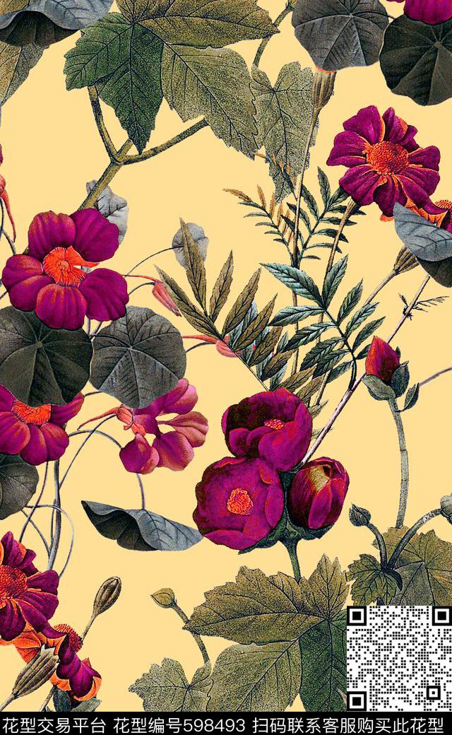 手绘花卉复古花卉女装连衣裙数码印花华亿平台下载（图片编号: 598493） - 瓦栏（Walan）