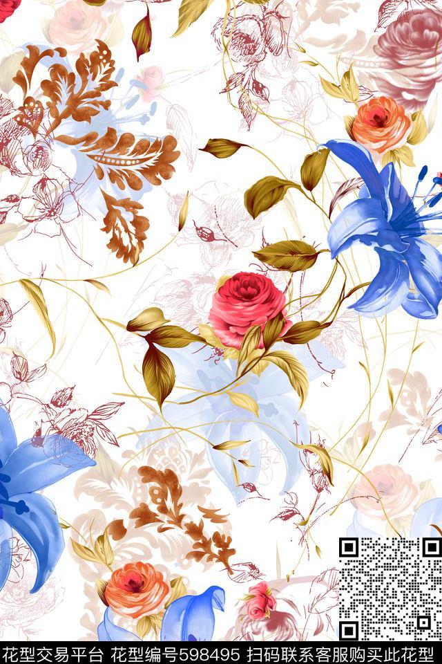 女装四方连续花鸟植物数码印花华亿平台下载（图片编号: 598495） - 瓦栏（Walan）